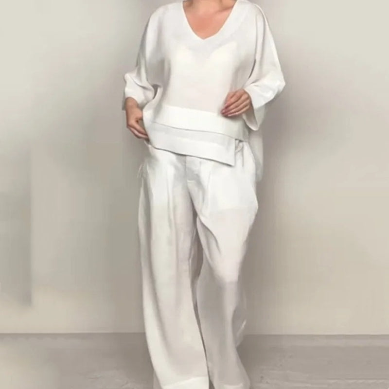 Liza - Conjunto de algodón y lona de 2 piezas - Top con cuello en V y pantalón de pierna ancha