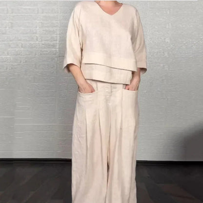 Liza - Conjunto de algodón y lona de 2 piezas - Top con cuello en V y pantalón de pierna ancha