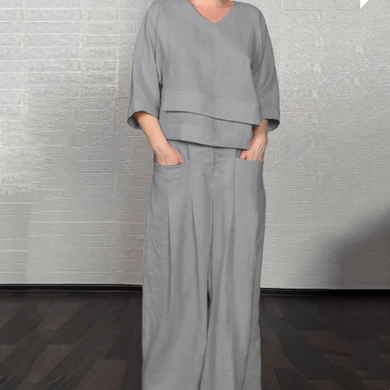 Liza - Conjunto de algodón y lona de 2 piezas - Top con cuello en V y pantalón de pierna ancha