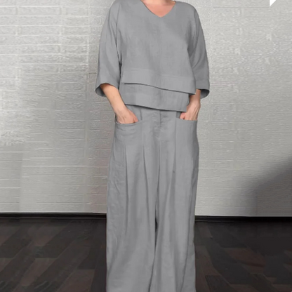 Liza - Conjunto de algodón y lona de 2 piezas - Top con cuello en V y pantalón de pierna ancha
