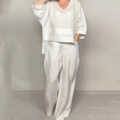Liza - Conjunto de algodón y lona de 2 piezas - Top con cuello en V y pantalón de pierna ancha