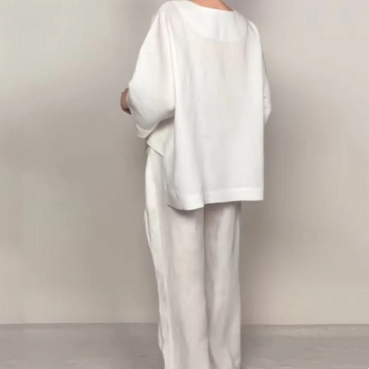 Liza - Conjunto de algodón y lona de 2 piezas - Top con cuello en V y pantalón de pierna ancha